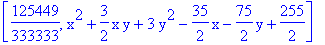 [125449/333333, x^2+3/2*x*y+3*y^2-35/2*x-75/2*y+255/2]